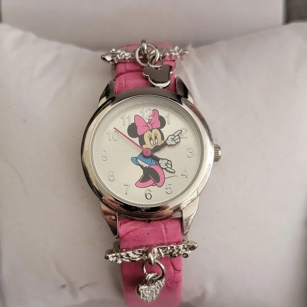 Disney Minnie Mouse Girls Watch Silver Dial Pink Strap Charms Silver Case Analog